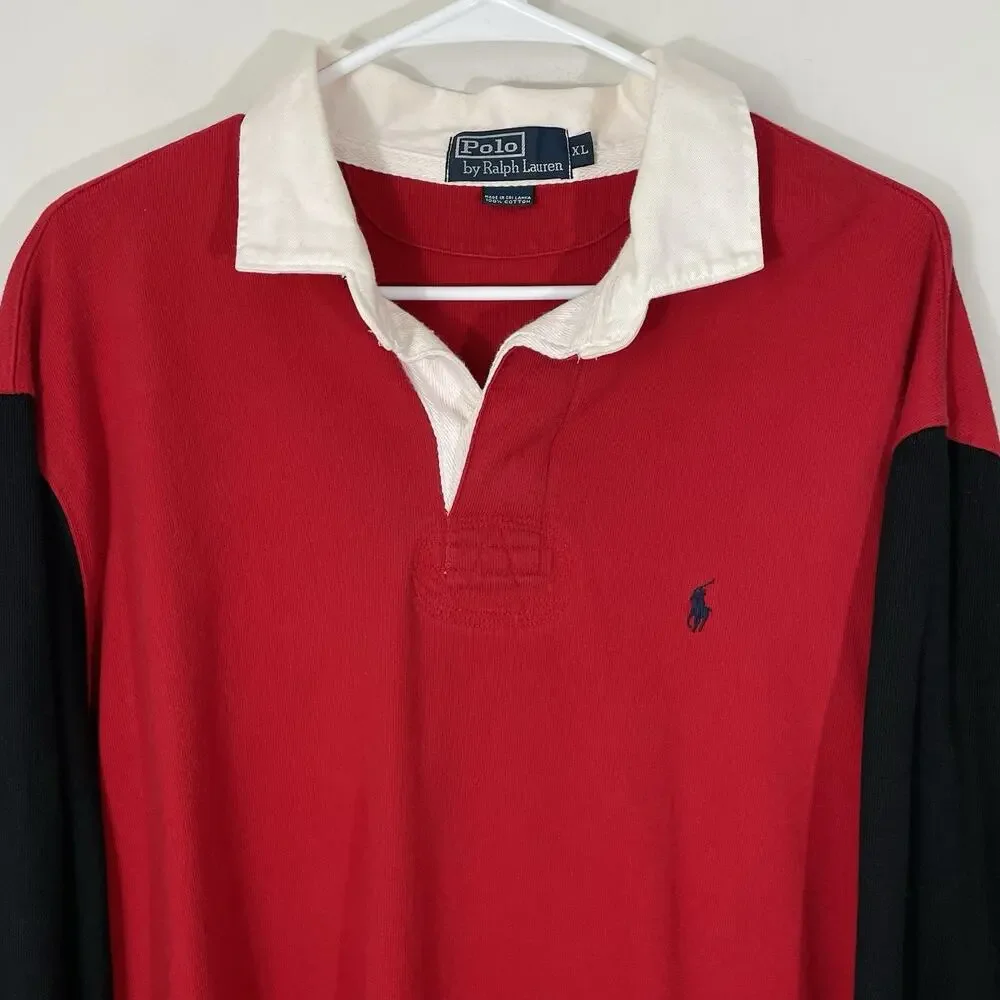 Vintage Polo Ralph Lauren Long Sleeve Rugby 6 Shirt Colorblock Mens XL Red Black